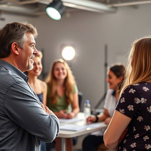 Acting students participating in a workshop, laughing and engaging with the instructor